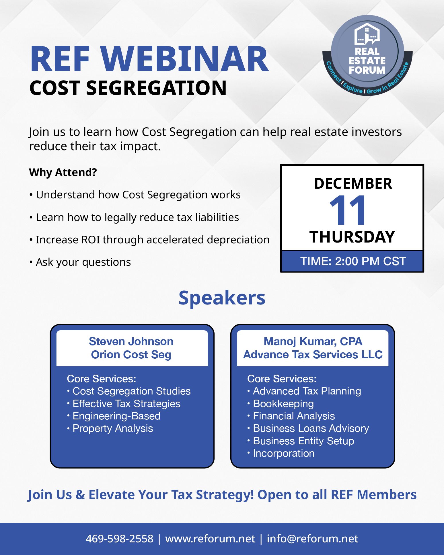 REF Webinar - Cost Segregation flyer. Speakers, date and time details.